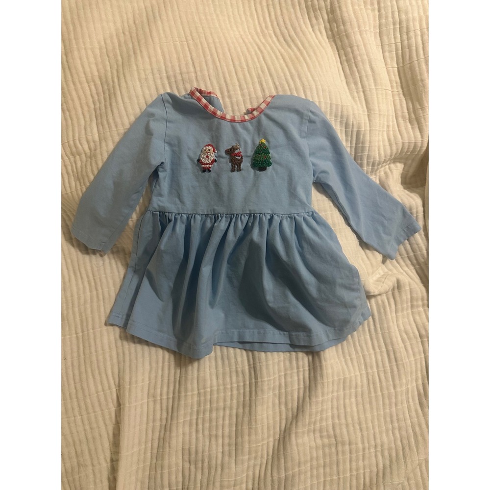The Smocking Petals Girls 2T Christmas Dress French Knot Santa Blue Gingham Trim